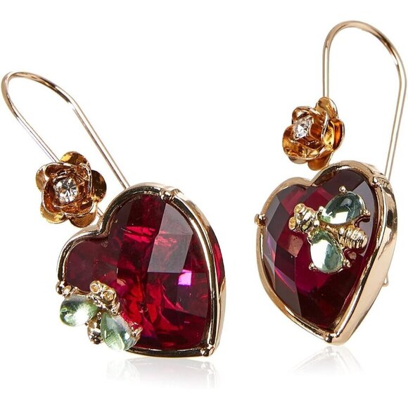 Women Red and Gold Betsey Johnson Glass, Metal Stone Heart Dangle Earrings - Picture 2 of 3